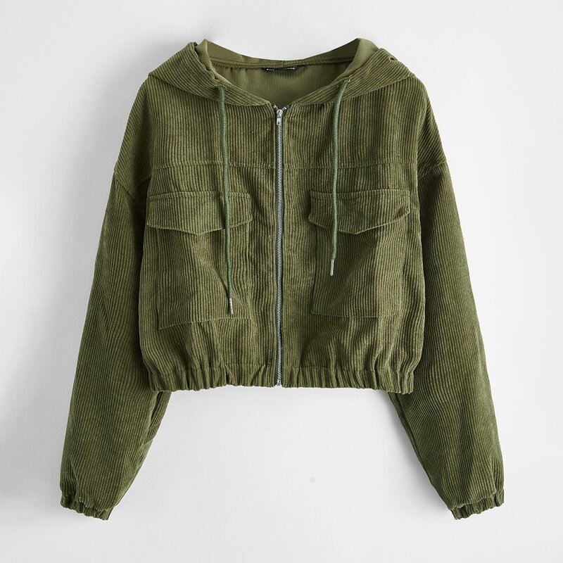

Zip Up Flap Pocket Cord Hooded Jacket, Army green