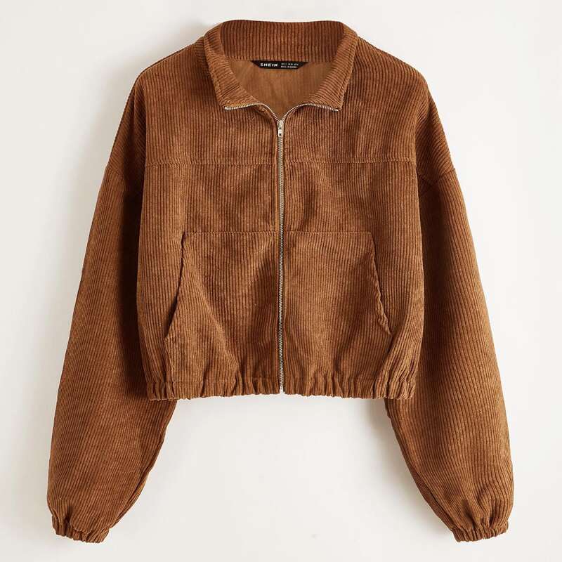 

Drop Shoulder Zip Up Corduroy Crop Jacket, Brown