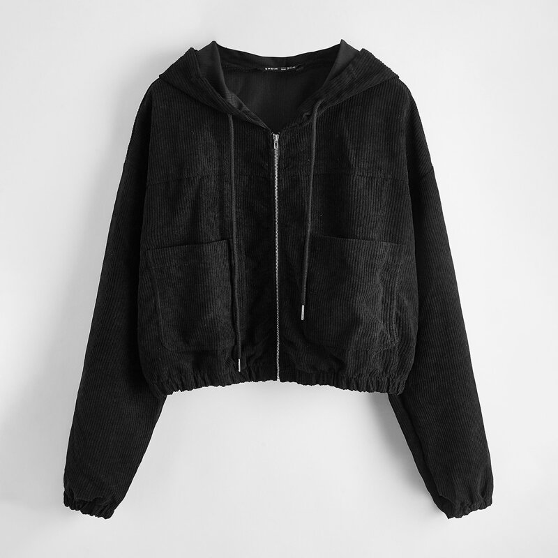 

Zip Up Pocket Front Hooded Cord Jacket, Black