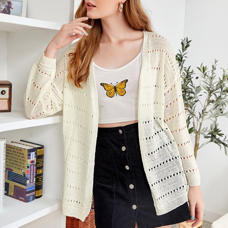 

Pointelle Knit Open Front Cardigan, White