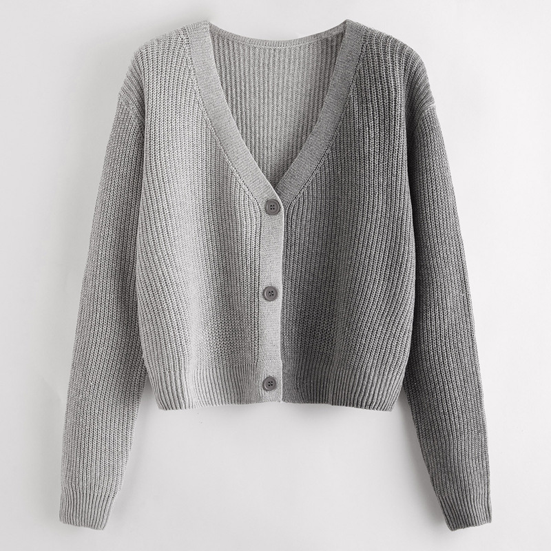 

V-neck Button Front Ribbed Knit Cardigan, Grey