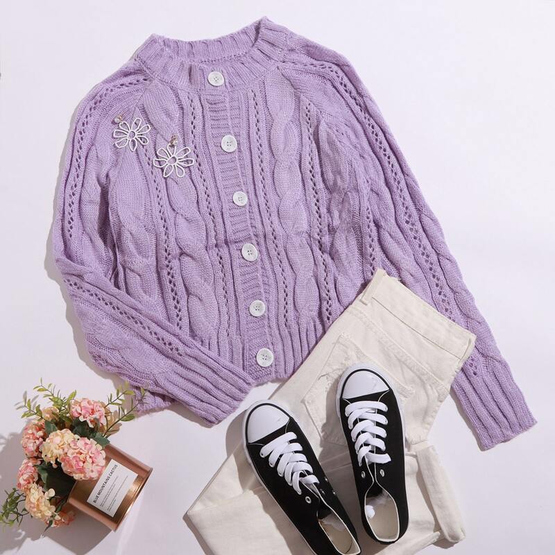 

Cable Knit Button Up Cardigan, Lilac purple