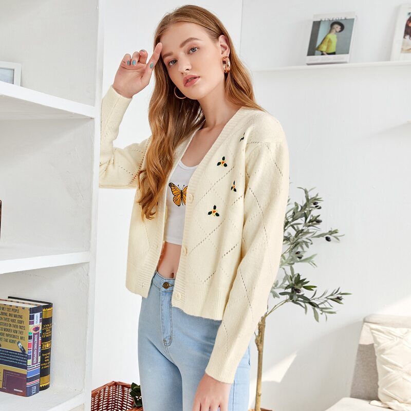 

Floral Embroidery Pointelle Knit Cardigan, Beige