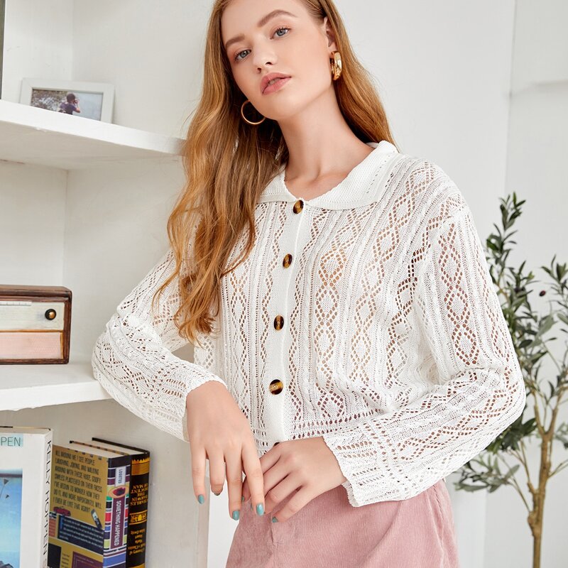 

Button Front Scallop Hem Cardigan, White