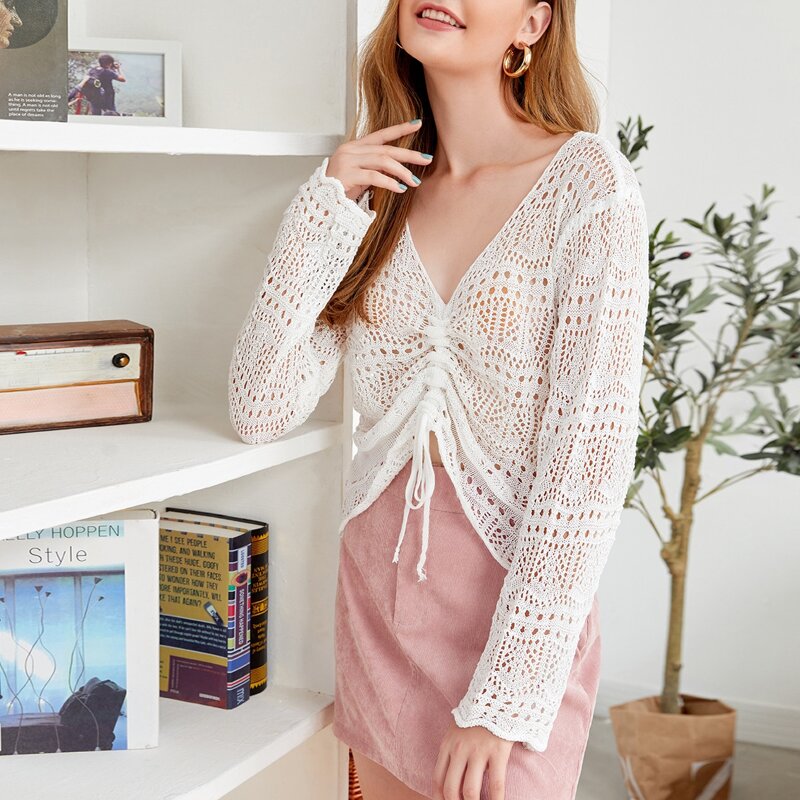 

Open Knit Drawstring Detail Sweater, White