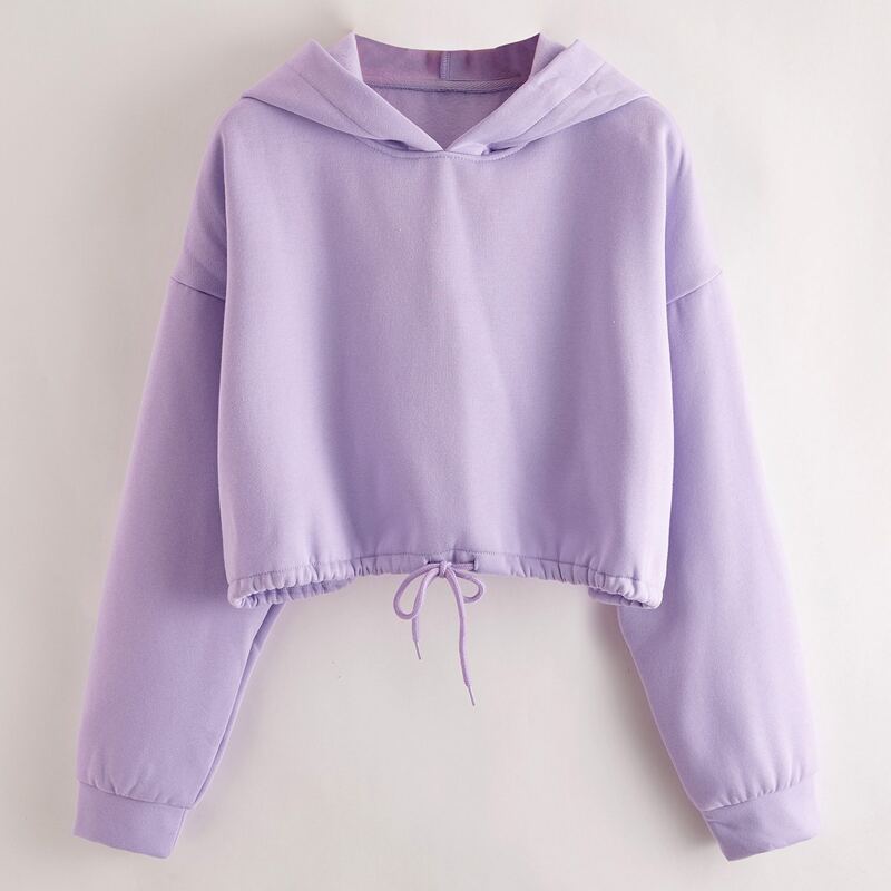 

Solid Drawstring Hem Crop Sweatshirt, Lilac purple