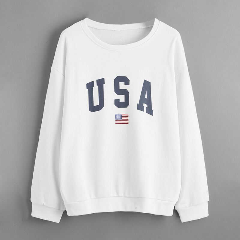

Drop Shoulder Letter & Flag Print Sweatshirt, White