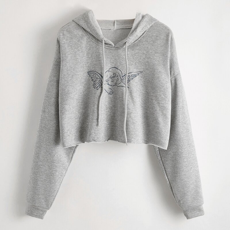 

Angel Print Crop Hooded Sweatshirt, Grey