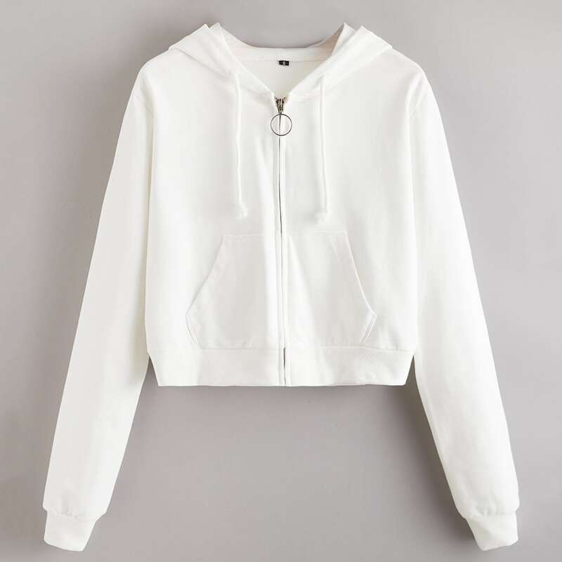 

Solid O-Ring Zip Up Crop Sweatshirt, White