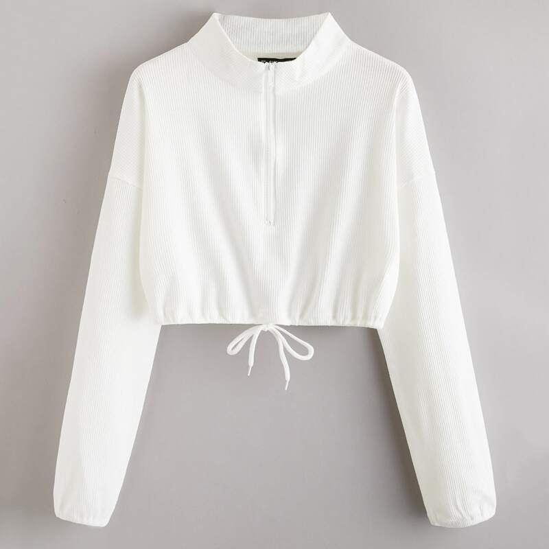 

Zip Up Drawstring Hem Sweatshirt, White