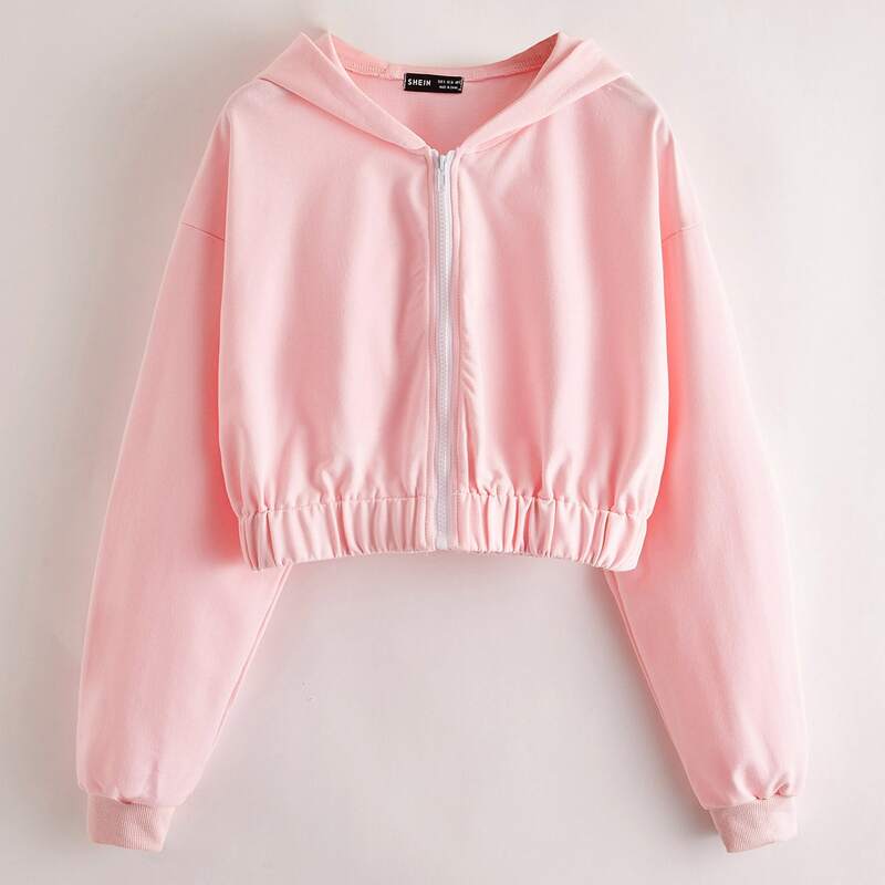 

Zip Up Drop Shoulder Hooded Sweatshirt, Baby pink