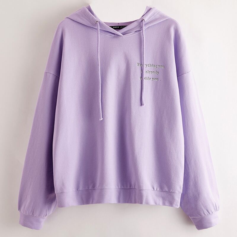 

Drop Shoulder Slogan Graphic Drawstring Hoodie, Pastel lilac purple