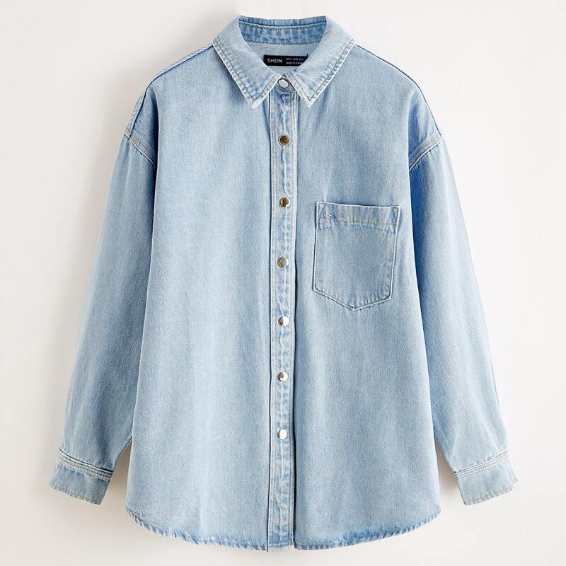 

Patch Pocket Button Front Denim Top, Light wash