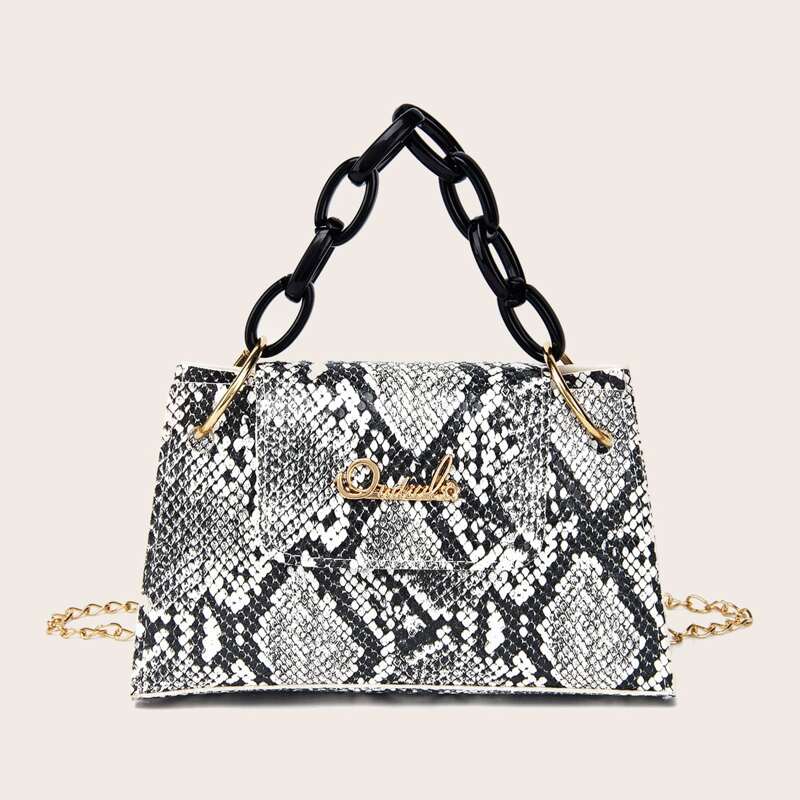 

Chain Handle Snakeskin Satchel Bag, Multicolor