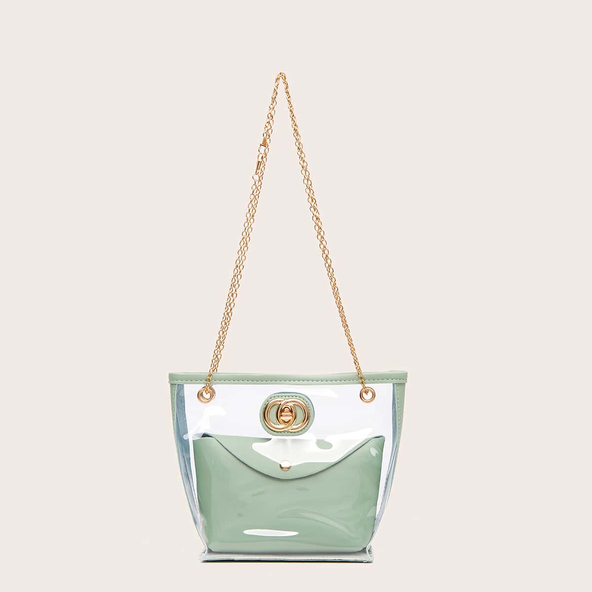 

Turn-Lock Clear Tote Bag With Inner Pouch, Green