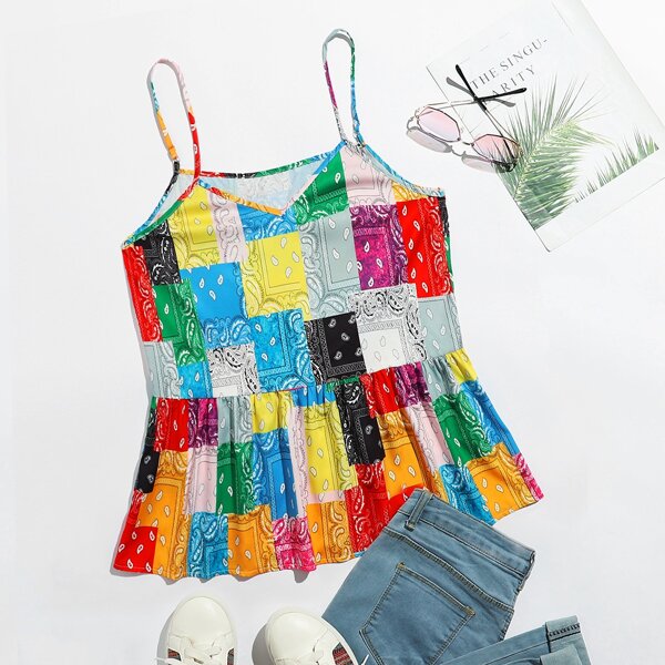 

Plus Patchwork And Paisley Print Ruffle Hem Cami Top, Multicolor