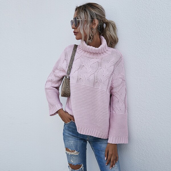 

Cable Knit Turtleneck Drop Shoulder Sweater, Baby pink