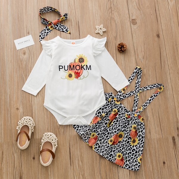 

Baby Girl Floral And Pumpkin Print Bodysuit With Pinafore Skirt With Headband, Multicolor