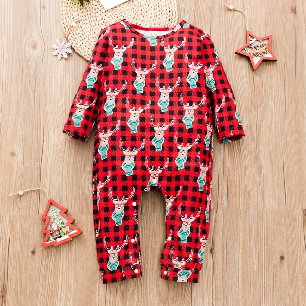 

Baby Girl Elk And Gingham Print Jumpsuit, Red