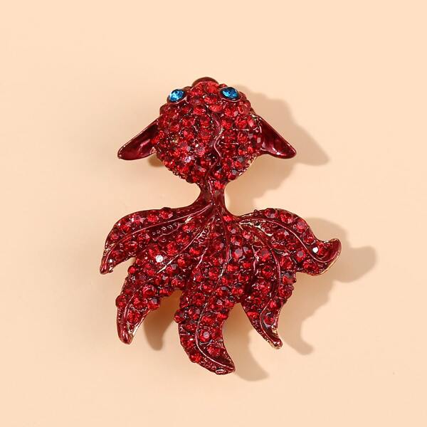

Rhinestone Decor Goldfish Design Brooch, Red