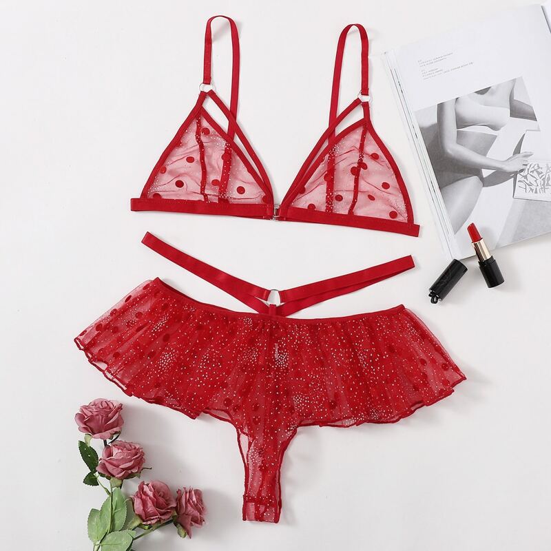 

Polka Dot Ruffle Hem Harness Lingerie Set, Red