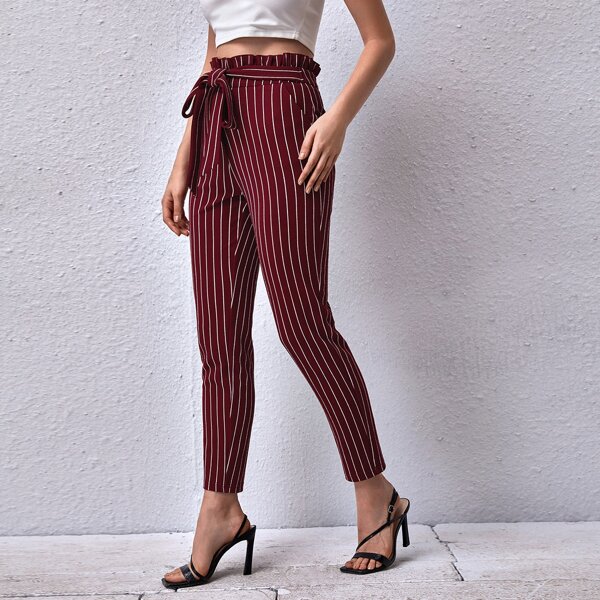 

Paper Bag Waist Belted Striped Tapered Pants, Maroon
