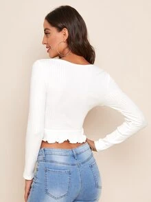 SHEIN Drawstring Front Ruffle Hem Crop Top - White - View 2