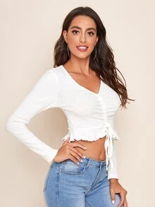 SHEIN Drawstring Front Ruffle Hem Crop Top - White - View 4