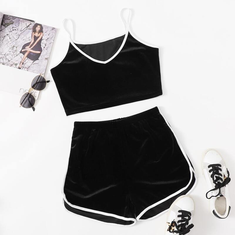 

Velvet Ringer Crop Cami & Dolphin Shorts, Black