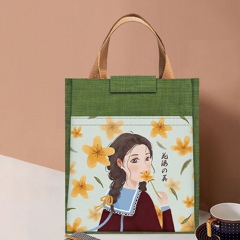 

Cartoon Girl Print Insulation Lunch Bag, Green