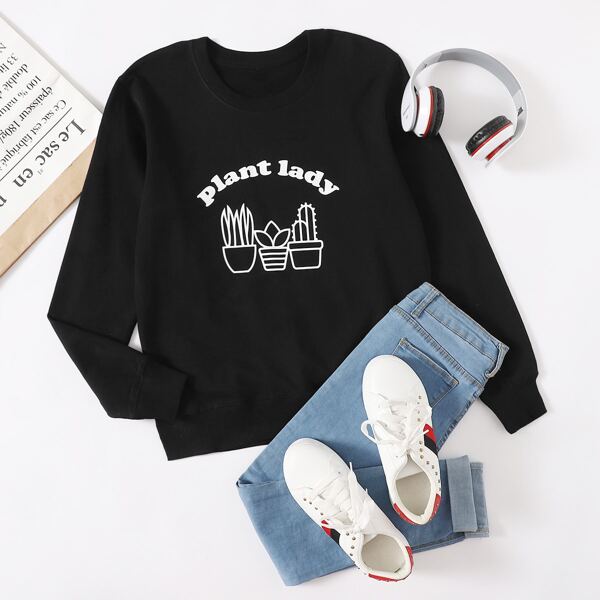 

Plants & Letter Graphic Sweatshirt, Black