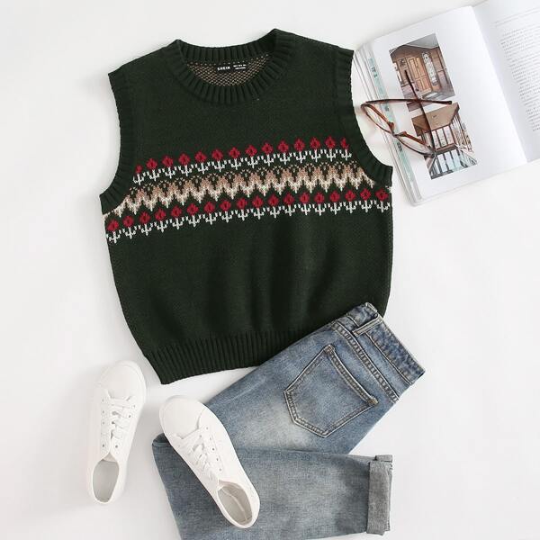 

Fair Isle Graphic Sweater Vest, Army green