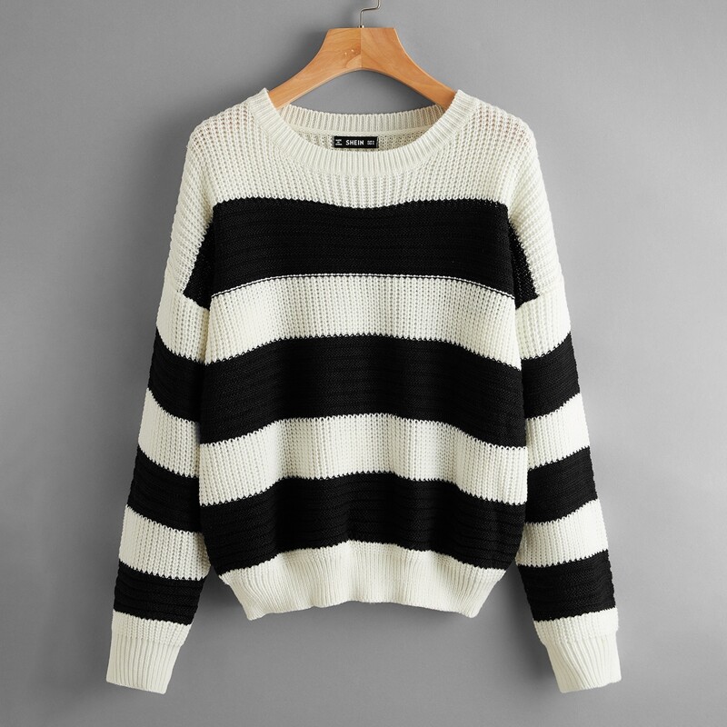 

Drop Shoulder Color Block Sweater, Black and white