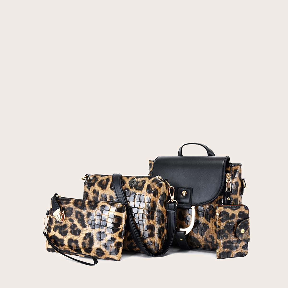 

4pcs Leopard Flap Backpack Set, Brown