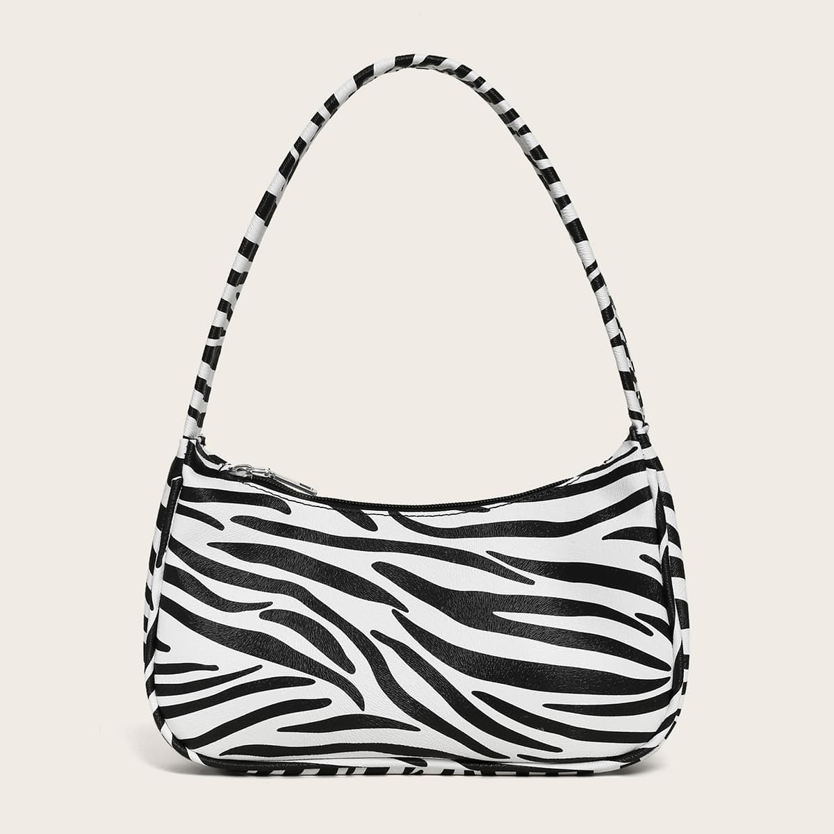 

Zebra Print Baguette Bag, Black and white