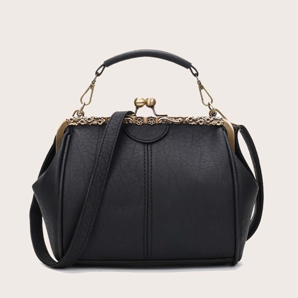 

Pebble Embossed Kiss Lock Satchel Bag, Black