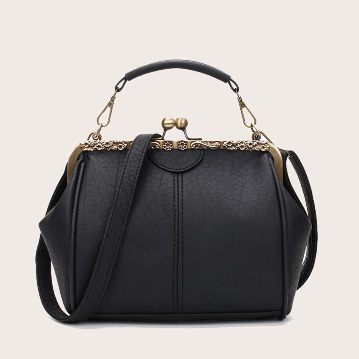

Pebble Embossed Kiss Lock Satchel Bag, Black