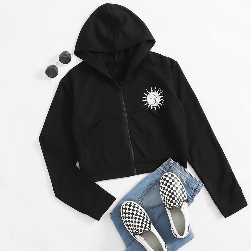 

Sun & Moon Graphic Zip Up Hoodie, Black
