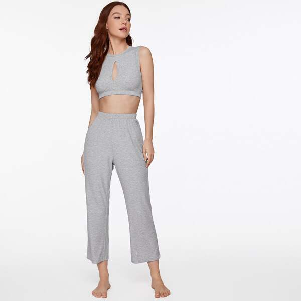 

Cut Out Back Tank Top & Pants PJ Set, Light grey