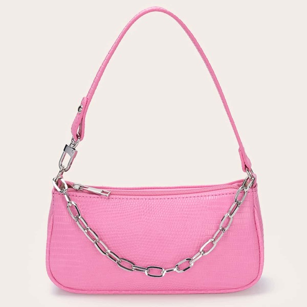 

Chain Decor Lizard Embossed Baguette Bag, Baby pink