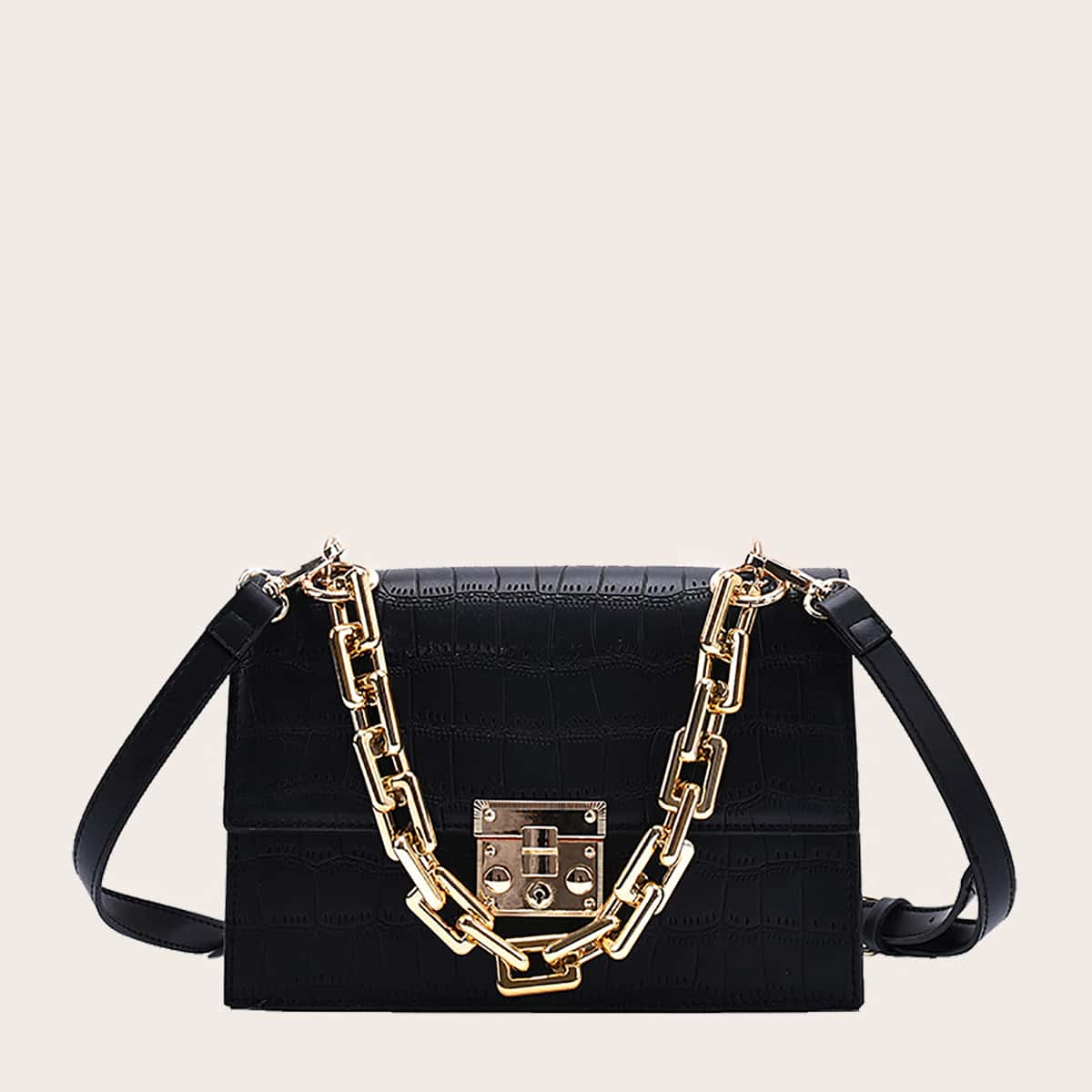

Croc Embossed Satchel Bag, Black