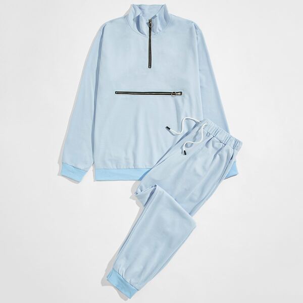 

Men Half Zipper Sweatshirt & Drawstring Sweatpants, Baby blue