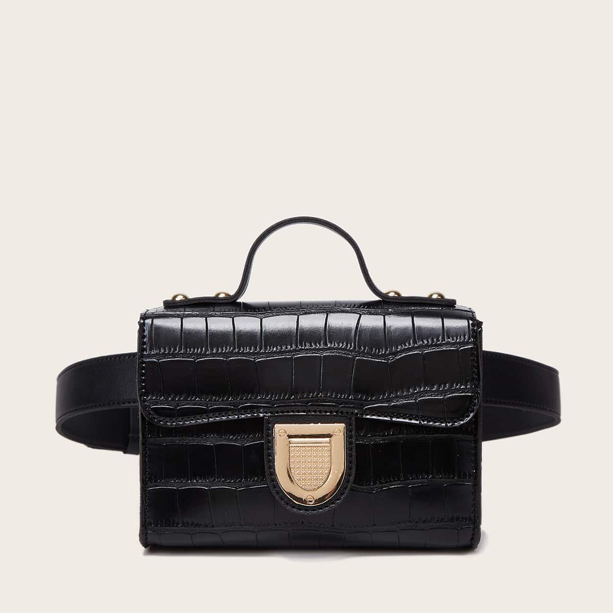 

Croc Embossed Metal Lock Fanny Pack, Black