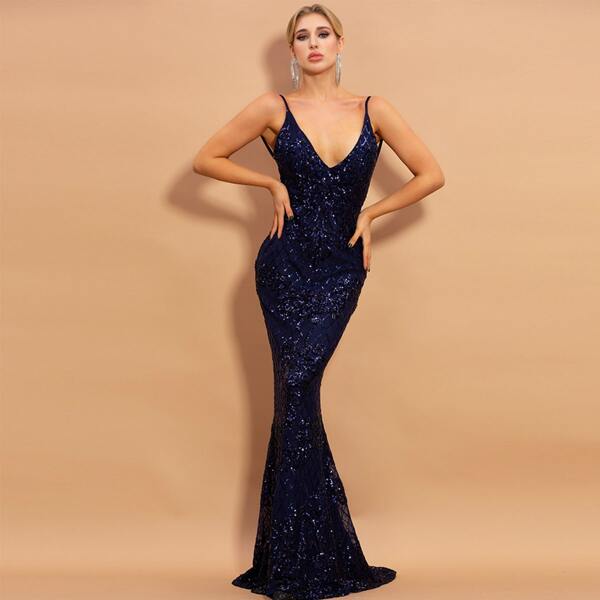 

Mermaid Hem Backless Sequin Prom Dress, Navy blue