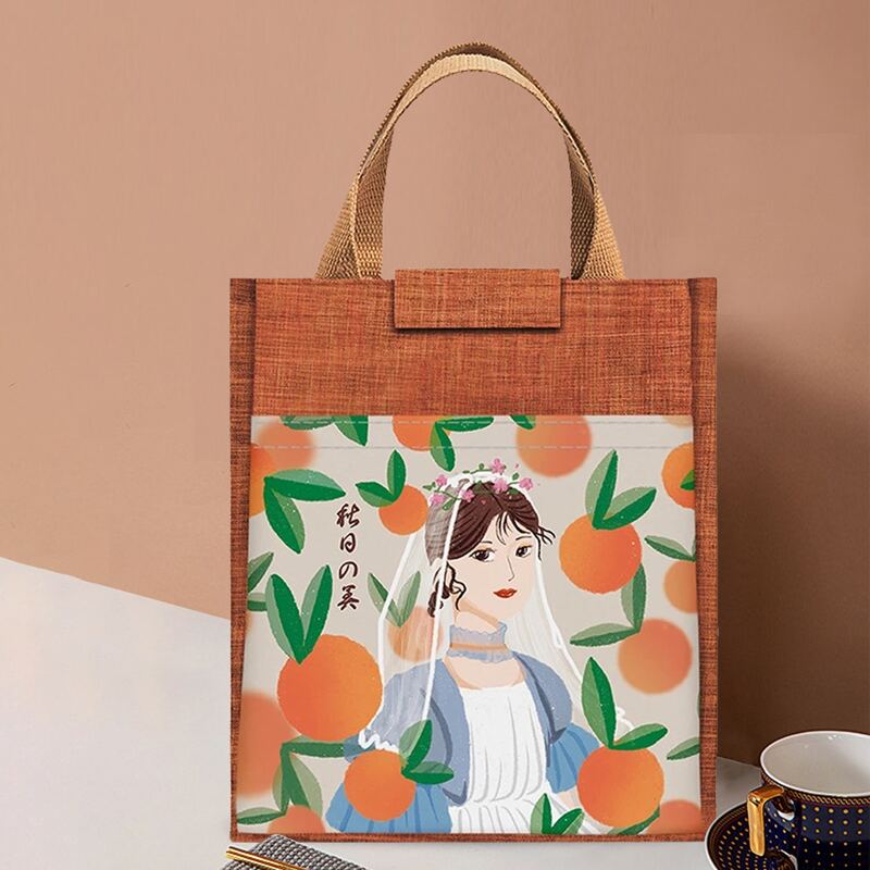 

Cartoon Girl Print Insulation Lunch Bag, Brown