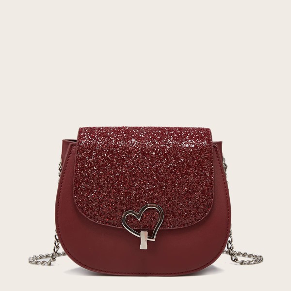 

Glitter Flap Heart Decor Crossbody Bag, Burgundy