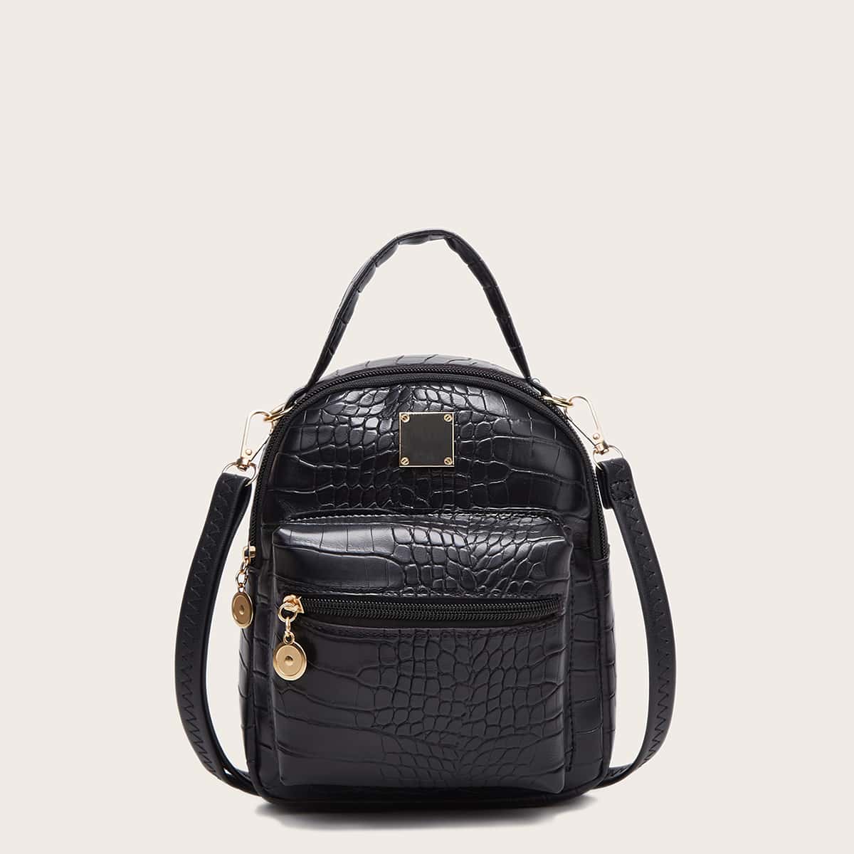 

Croc Embossed Pocket Front Backpack, Black