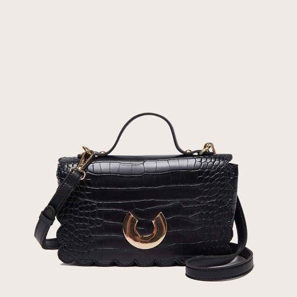 

Croc Embossed Scallop Trim Satchel Bag, Black