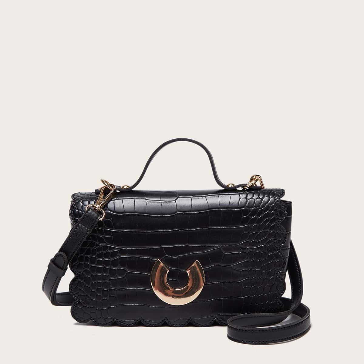 

Croc Embossed Scallop Trim Satchel Bag, Black