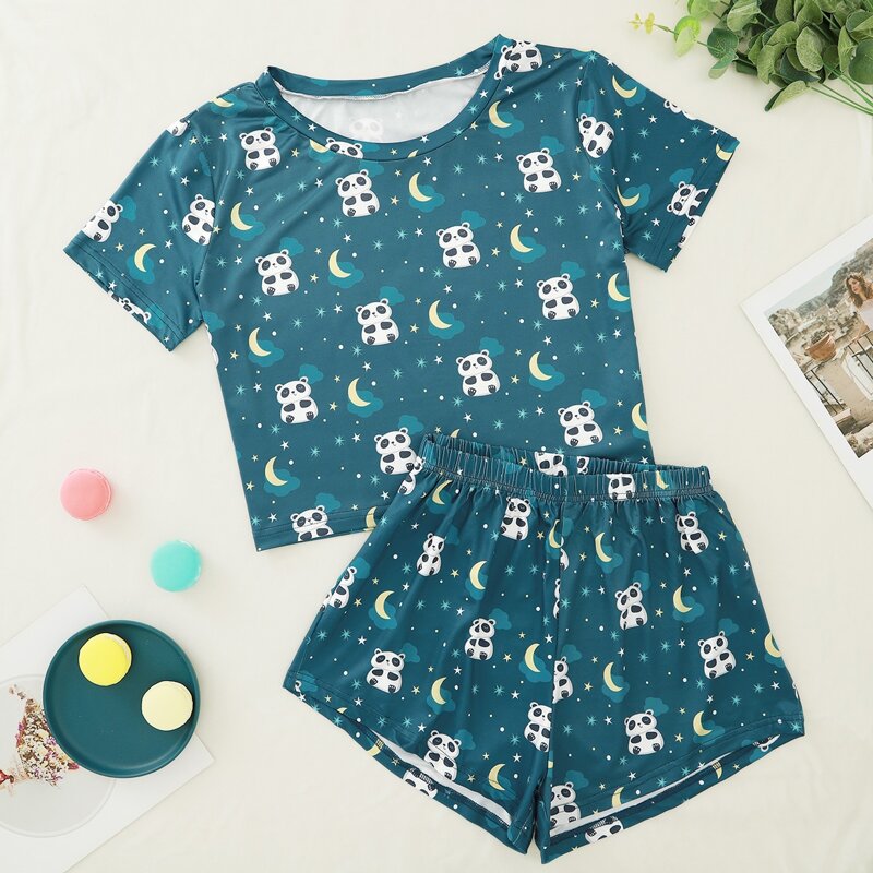 

Cartoon And Galaxy Print Pajama Set, Dark green